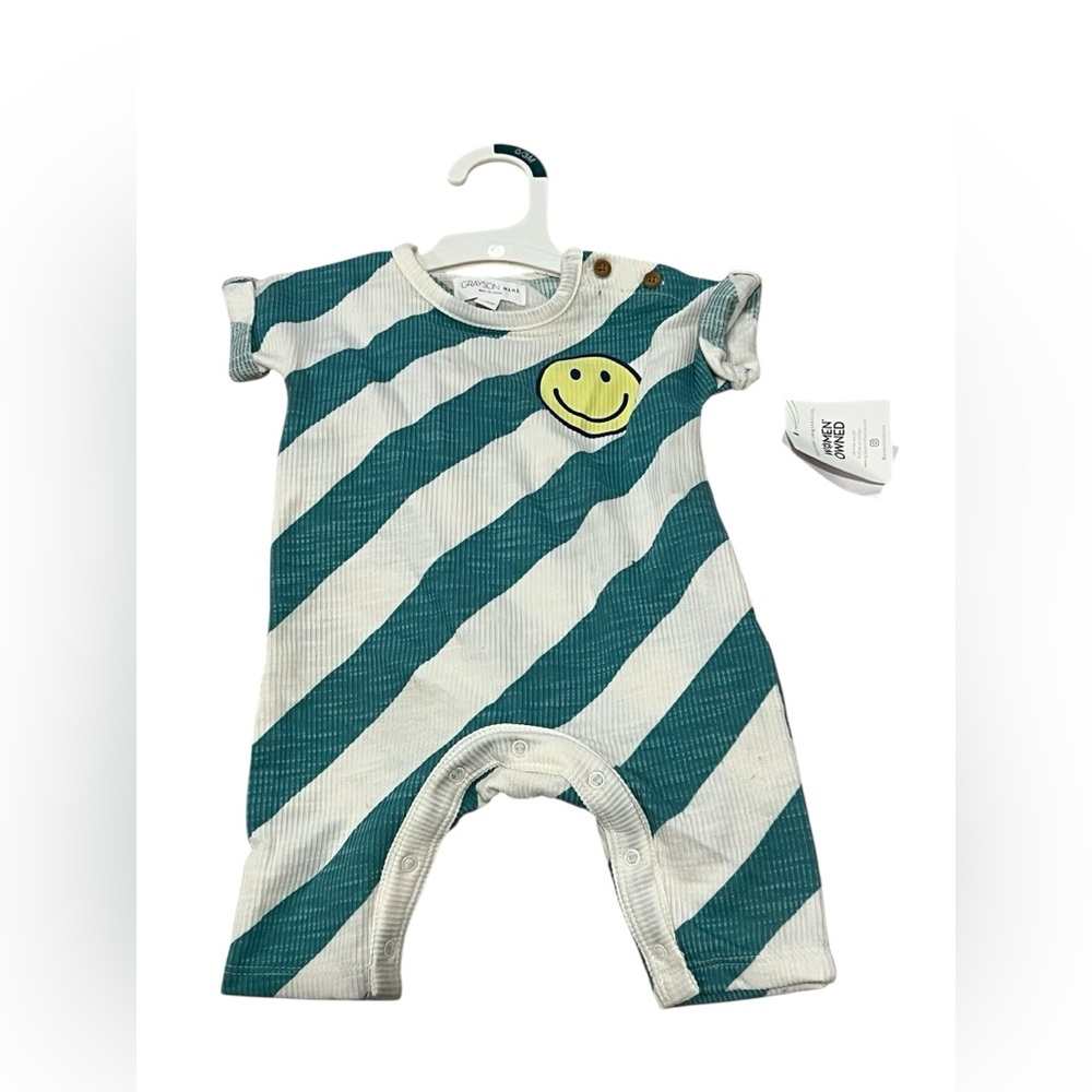 Grayson Mini Baby Boys 0-3M Teal White Striped‎ smiley short sleeve romper NWT